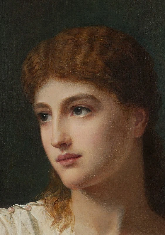 Ritratto di donna in abito greco - romano in un interno con in mano un piccione, dettaglio